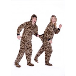 Leopard Print Plush Hoodie Footed Pajamas