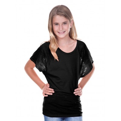 Kavio Girl's SHEER JERSEY RAW EDGE SCOOP NECK HIGH LOW RAGLAN LONG